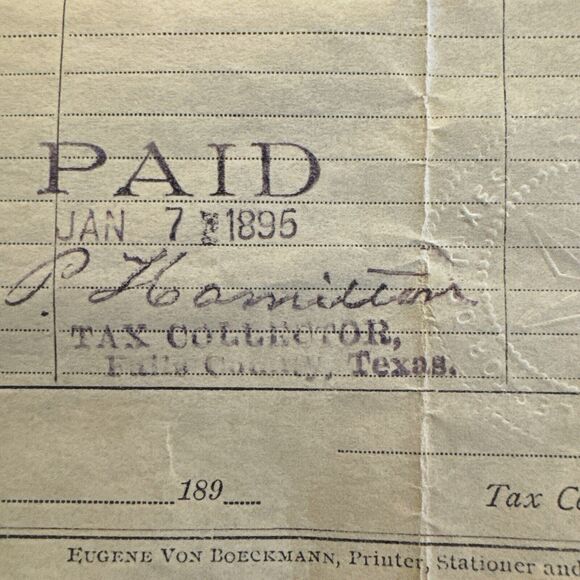 Texas Fall County Property Tax Bill STAMPED STAR 1895 Waco Austin Paper RARE HTF - Picture 5 of 7